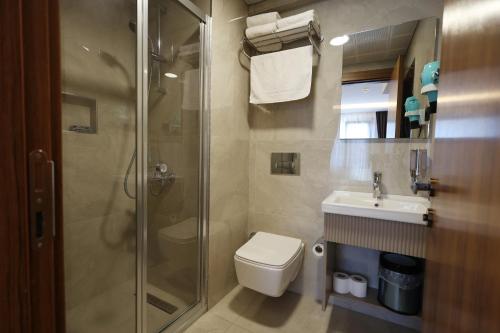 a bathroom with a shower and a toilet and a sink at Kalkan Hotel in Istanbul
