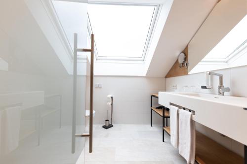 a bathroom with a sink and a skylight at Genussgut Krispel in Neusetz