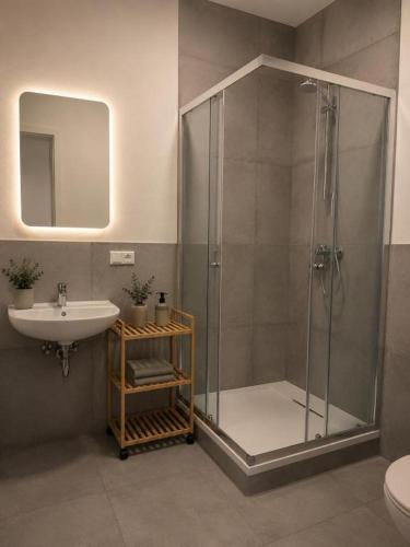 a bathroom with a shower and a sink at Blue Stay Bremen in Bremen