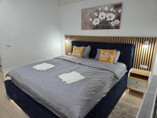 a bedroom with a large bed with two towels on it at Luna Studio in Hunedoara