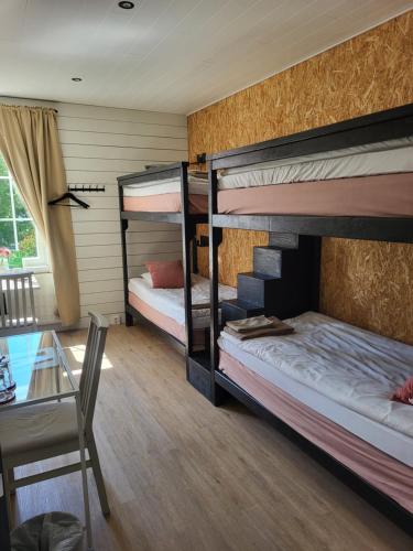 a room with two bunk beds and a table at Villa Korsman in Hanko
