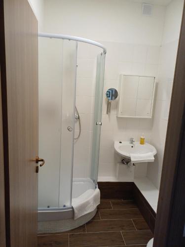 a bathroom with a shower and a sink at Víghajós Panzió in Budapest