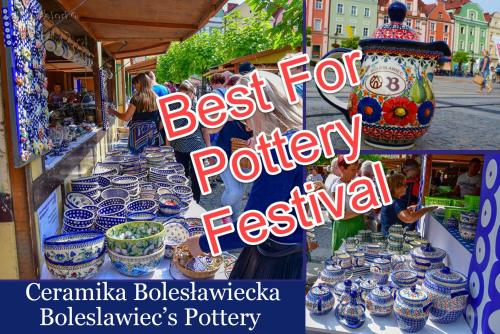 a display of pottery on a table in a market at Apartament Przy Starówce - Bella - 2 Osobne Sypialnie, 2 Separate Bedrooms in Old Town - Main Square, Amazing View, Top Location! in Bolesławiec