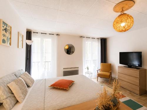 a living room with a couch and a tv at Studio spacieux centre-ville avec ascenseur - Le Bohème in Digne-les-Bains