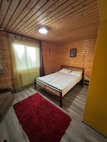 a bedroom with a bed and a red rug at Cabana la Razvan in Petroşani
