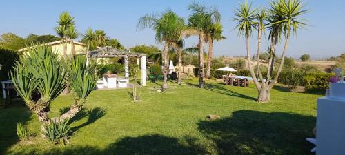 a garden with palm trees and a table and chairs at Villa Oliva Torotto in Niscemi