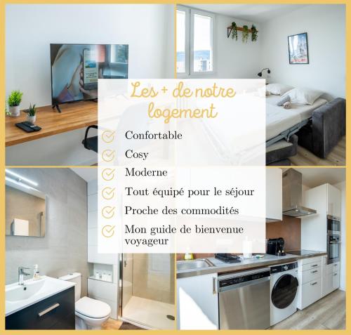 a collage of photos of a kitchen and a bathroom at Chez Gilles I Studio I Ambilly in Ambilly