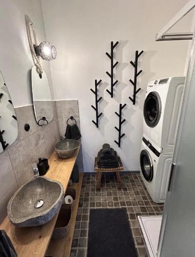 a bathroom with a sink and a washing machine at Na Špici Bítov in Bítov