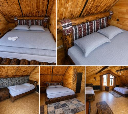 vier verschiedene Ansichten eines Schlafzimmers in einer Hütte in der Unterkunft Fish Hotel in Akhalk'alak'i