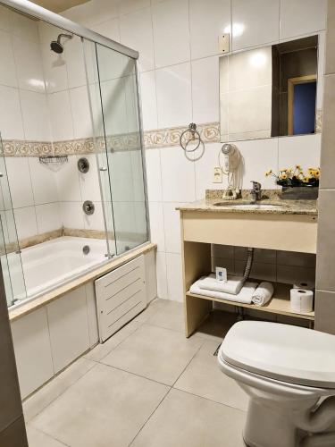 a bathroom with a shower and a toilet and a sink at klein Ville Esteio Br in Esteio