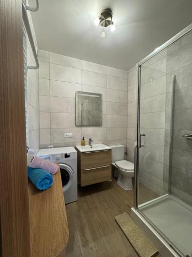 a bathroom with a shower sink and a washing machine at Pod skrzydłami in Miłomłyn