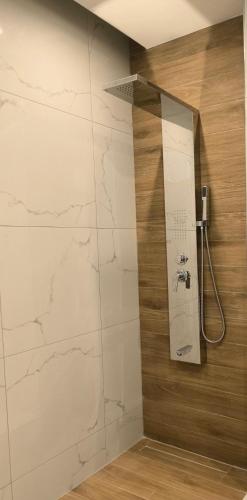 a bathroom with a shower with white marble walls at Costelia Studio in Ialysos