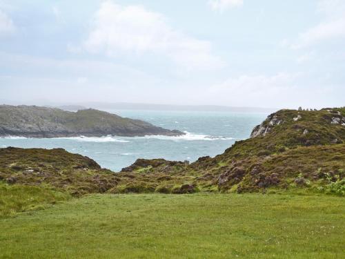 a grassy field with the ocean in the background at Myrtle Cottage - Uk5869 in Achmelvich