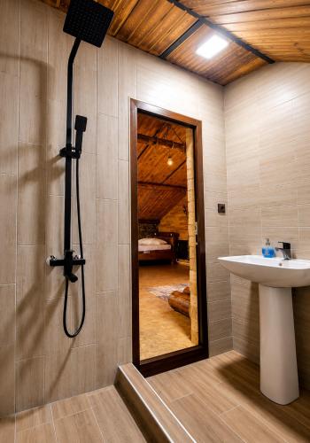 ein Badezimmer mit Waschbecken, Dusche und Spiegel in der Unterkunft Fish Hotel in Akhalk'alak'i