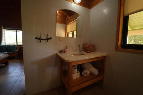 a bathroom with a sink and a mirror at Aviv - Bakfar in Amirim in Amirim