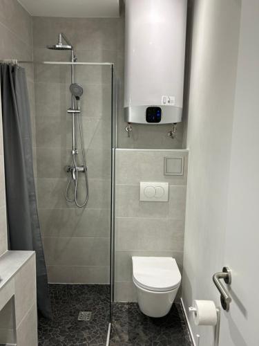 a bathroom with a toilet and a glass shower at Apartmani Milka i Jozo in Omiš