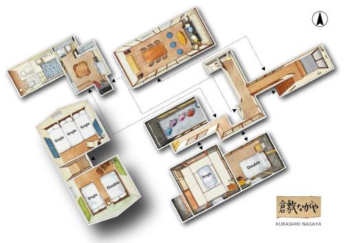 a drawing of a floor plan of a house at 倉敷ながや Kurashiki Nagaya 美観地区徒歩4分 一棟貸切 無料駐車場あり 最大9名 in Kurashiki