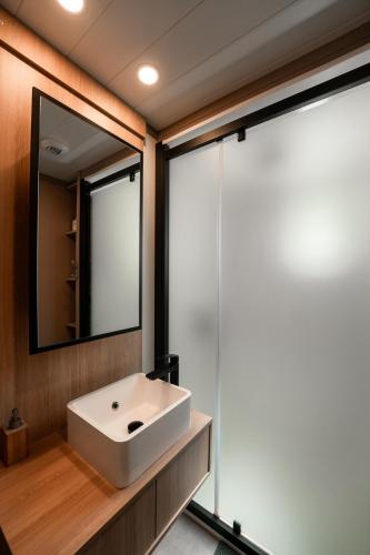 a bathroom with a white sink and a mirror at Chalet Etxean in Hasparren