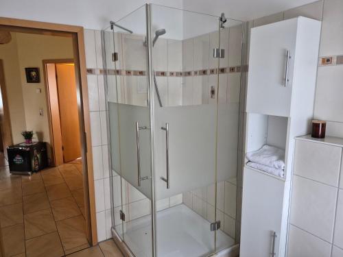 a shower with a glass door in a bathroom at Sonniges Zimmer im Einfamilienhaus in Berlin