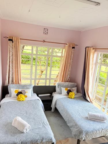 two beds in a room with two windows at OlTepesi HomeStay in Ololaimutiek