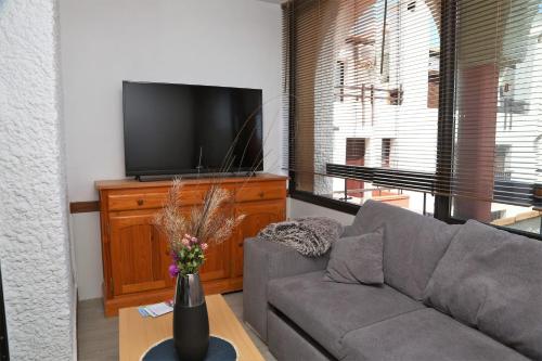 a living room with a couch and a flat screen tv at Beautiful cocoon with shared pool in Le Barcarès in Le Barcarès