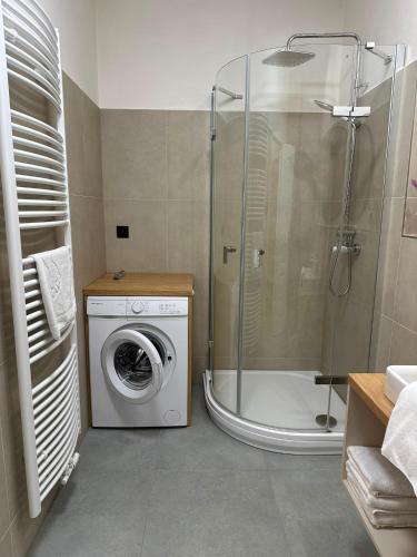 a bathroom with a washing machine and a shower at Vila Markéta in Ledeč nad Sázavou