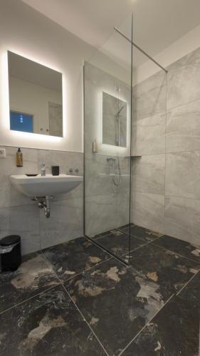 a bathroom with a sink and a glass shower at CHM Boarding Worms in Worms