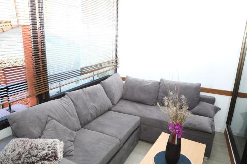 a grey couch in a living room with a table at Beautiful cocoon with shared pool in Le Barcarès in Le Barcarès