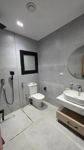 ein Badezimmer mit Dusche, Toilette und Waschbecken in der Unterkunft Evrest in New cairo
