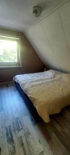 a bed in a room with a window at De Strandloper in Petten