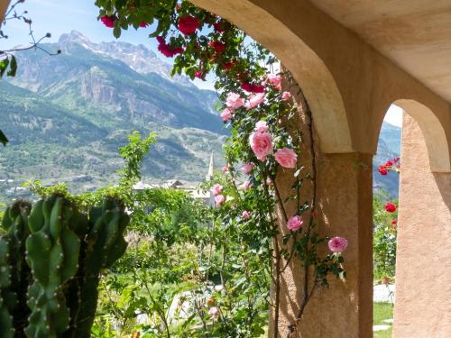 a window with flowers and a view of mountains at Appartement paisible à Saint-Crepin avec vue sur la montagne in Saint-Crépin