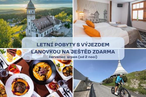 a collage of photos of a hotel room with a bed and food at Hotel Petřín in Jablonec nad Nisou