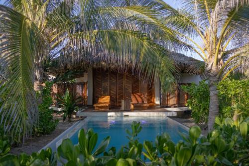 eine Villa mit Swimmingpool und Palmen in der Unterkunft Aldea Mizúl - Beach Front - Adults Only in Puerto Escondido