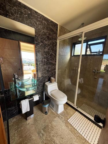 a bathroom with a toilet and a glass shower at Cabañas Vista Volcanes del Sur in Llanquihue