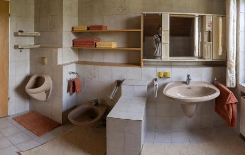 ein Badezimmer mit Toilette, Waschbecken und Urinal in der Unterkunft Casa Sonora in Lichtenfels