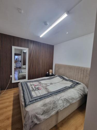 a bedroom with a large bed and a mirror at OSHER Simple house in Nahariyya