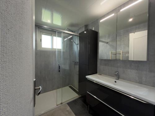 a bathroom with a shower and a sink and a mirror at Au cœur de Maîche in Maîche