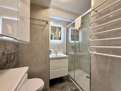 a bathroom with a shower and a toilet and a sink at Apartment & Room MARINA BORKI - Apartamenty RÓŻA WIATRÓW in Augustów