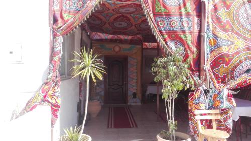 an entrance to a building with potted plants at Pyramids Overlook Inn in Cairo