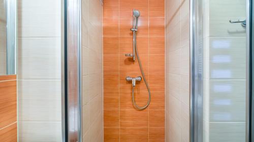 a shower in a bathroom with a wooden wall at Osiedle Bursztynowe in Jantar