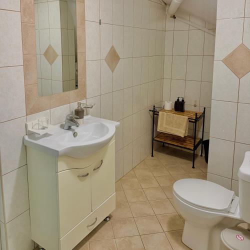a bathroom with a sink and a toilet at Captain Michalis house in Parga