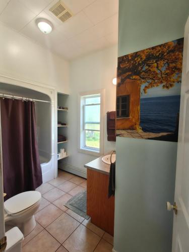 a bathroom with a toilet and a sink and a window at Dreamweavers Cottages and Vacation Homes in Rustico