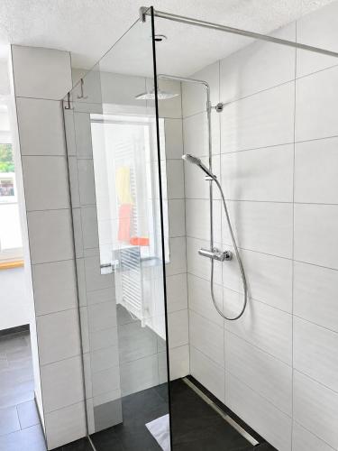 eine Dusche mit Glastür im Badezimmer in der Unterkunft Appartements-Restaurant Schwaiger direkt beim Lift und wunderschönen Bergblick in Tauplitz