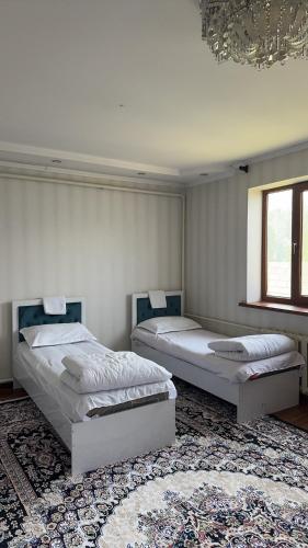 two beds in a room with a rug at Hostel Hanysha in Kazarman