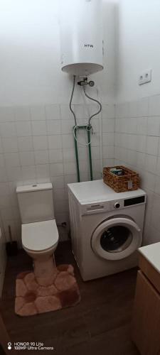 a bathroom with a toilet and a washing machine at Cantinho do Frangoneiro in Fortios