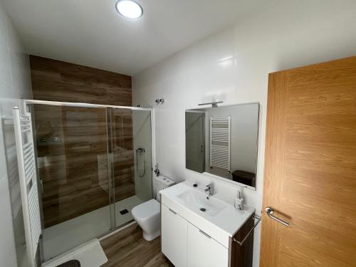 a bathroom with a toilet and a sink and a shower at Ático en pleno centro en Cangas in Cangas de Morrazo