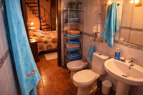 a bathroom with a toilet and a sink and a mirror at Villa Las Flores - Piscina privada - Private pool - by Rural La Palma in Tijarafe