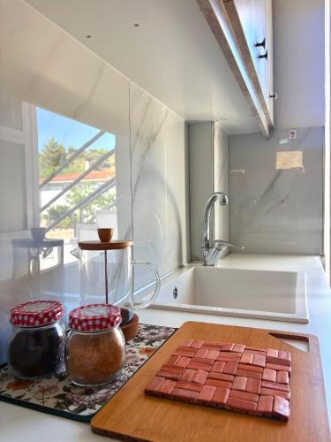 a kitchen with a cutting board and a sink at Sianos apartments in Gialtra