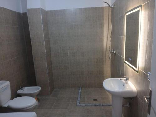 a bathroom with a sink and a toilet and a mirror at Enes apartament in Krujë