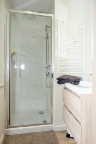 a glass shower in a bathroom with a sink at La Suite Cacao in Saint-Rambert-dʼAlbon